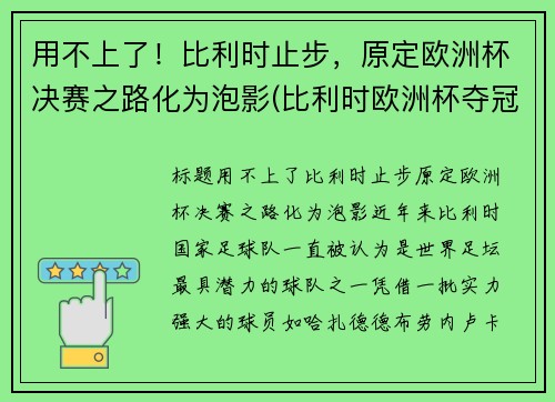 用不上了！比利时止步，原定欧洲杯决赛之路化为泡影(比利时欧洲杯夺冠热门)