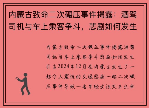 内蒙古致命二次碾压事件揭露：酒驾司机与车上乘客争斗，悲剧如何发生