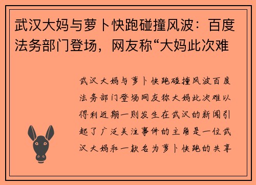 武汉大妈与萝卜快跑碰撞风波：百度法务部门登场，网友称“大妈此次难以得利”