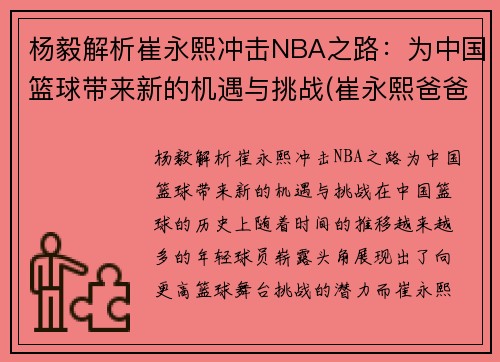 杨毅解析崔永熙冲击NBA之路：为中国篮球带来新的机遇与挑战(崔永熙爸爸)